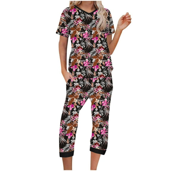 Tnhcen Women's Floral Print Sleepwear Cooling V-Neck Tee Capri Pants with Pockets Summer Women's Pajamas Set S-2XL