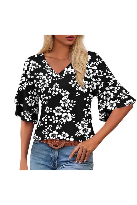 Women's Floral Print V-Neck T-Shirt, Double Layer Flutter Sleeve Loose Fit Blouse, Casual Summer Top Plus Size S-2XL