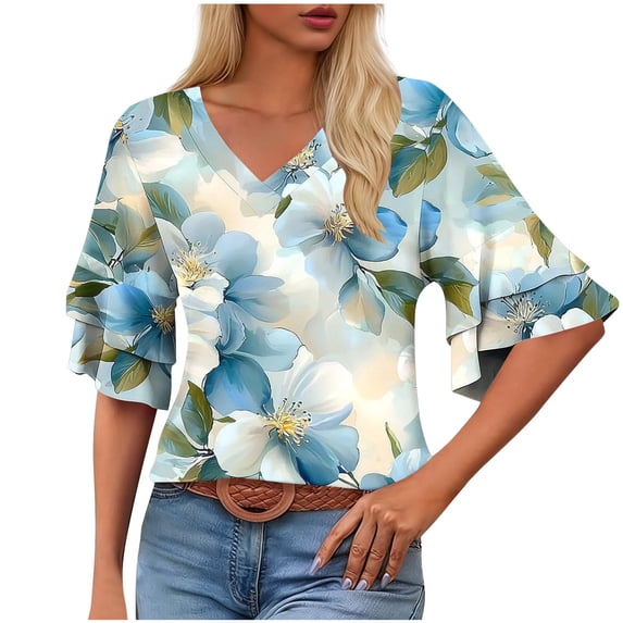 Tnhcen Women's Floral Print V-Neck T-Shirt, Double Layer Flutter Sleeve Loose Fit Blouse, Casual Summer Top Plus Size S-2XL