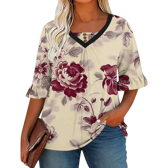 Tnhcen Women's Floral Print V-Neck Top, Short Flared Sleeve Blouse with Front Pleats, Plus Size Summer T-Shirt Casual Loose Fit, XL-5XL, Soft Fabric
