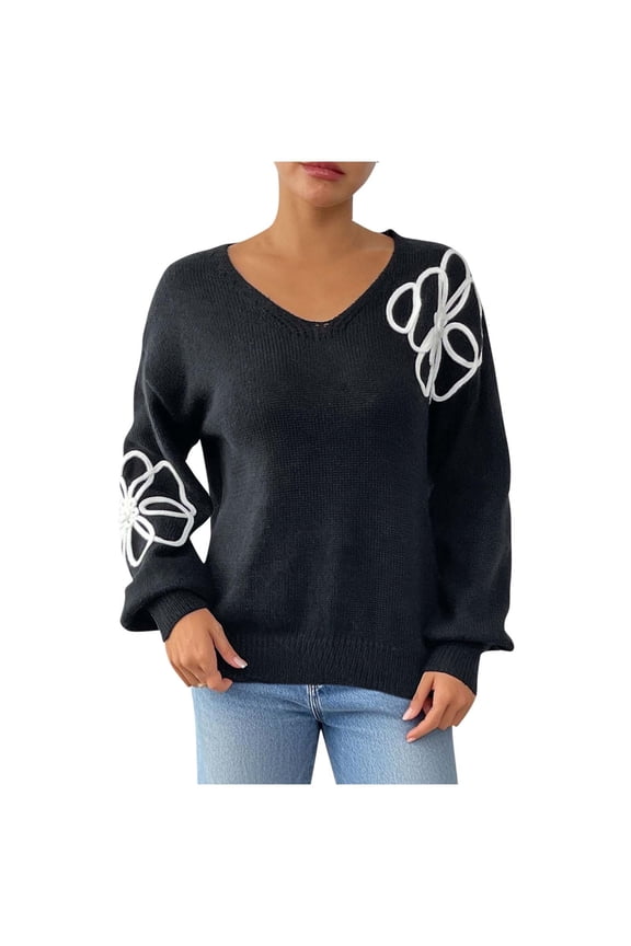 Women's Floral Ribbon Embroidery Sweater V-Neck Knit Top Acrylic Soft Pullover Casual Loose Fit Blouse Elegant Embroidered Sleeves Autumn Winter Fashion S-XL