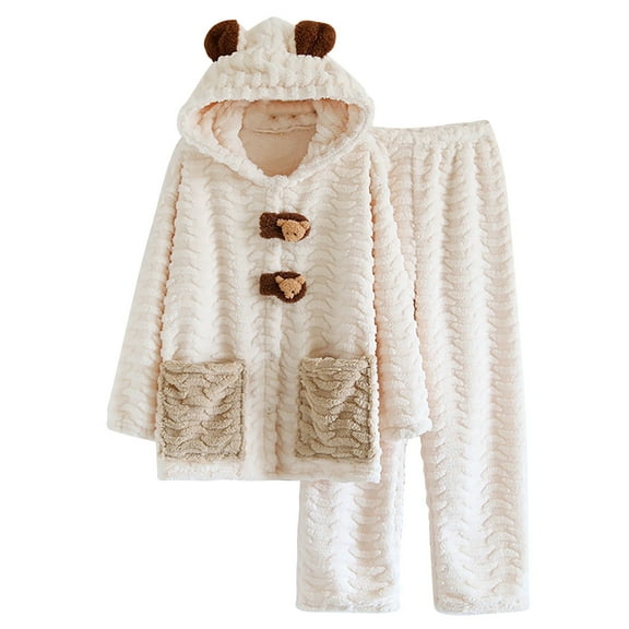 Tnhcen Women's Fluffy Hoodie Pajamas Set Button Down Long Sleeves Pullover Fuzzy Pants Homewear Set M-XL