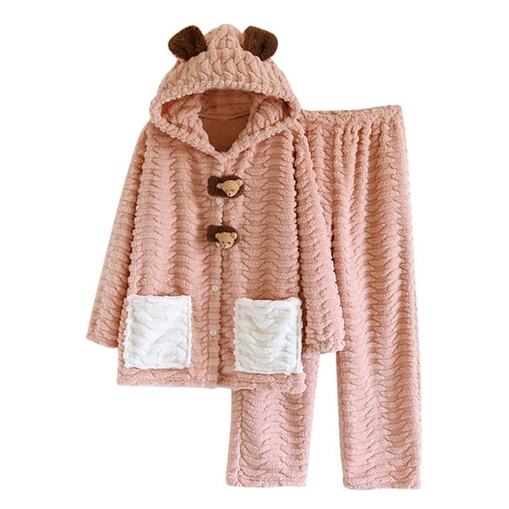 Tnhcen Women's Fluffy Hoodie Pajamas Set Button Down Long Sleeves Pullover Fuzzy Pants Homewear Set M-XL
