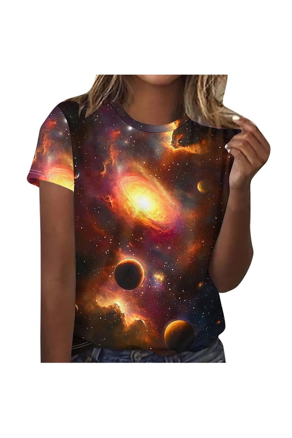 Women's Galaxy Print Short Sleeve T-Shirt, Casual Round Neck Tee with Cosmic Design, Stretchy & Soft Graphic Top for Everyday Wear, Sizes S-2XL