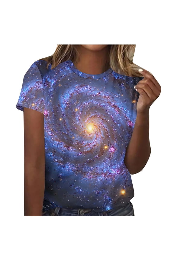Women's Galaxy Print Short Sleeve T-Shirt, Casual Round Neck Tee with Cosmic Design, Stretchy & Soft Graphic Top for Everyday Wear, Sizes S-2XL