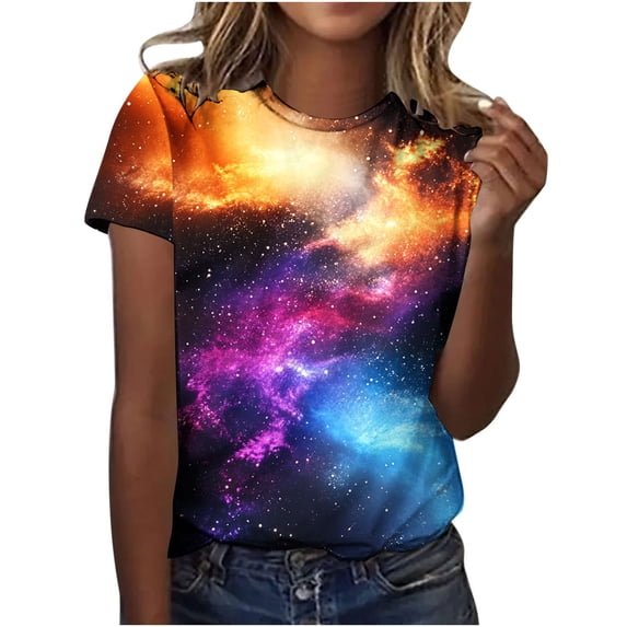 Tnhcen Women's Galaxy Print T-Shirt Short Sleeve Crew Neck, Trendy Graphic Tees for Women Plus Size S-5XL, Space Star Pattern Casual Top, Soft Stretch Cotton Like Fabric