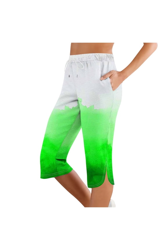 Women's Gradient Print Athletic Capri Pants Drawstring Elastic Waist Side Pockets Split Hem Casual Yoga Workout Pants Cotton-Like Stretch Fabric S-2XL