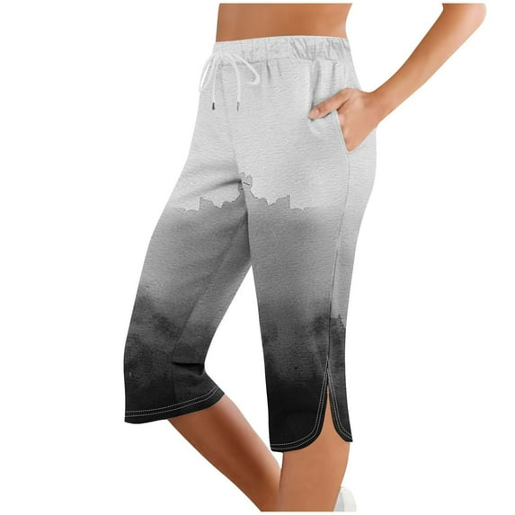 Tnhcen Women's Gradient Print Athletic Capri Pants Drawstring Elastic Waist Side Pockets Split Hem Casual Yoga Workout Pants Cotton-Like Stretch Fabric S-2XL