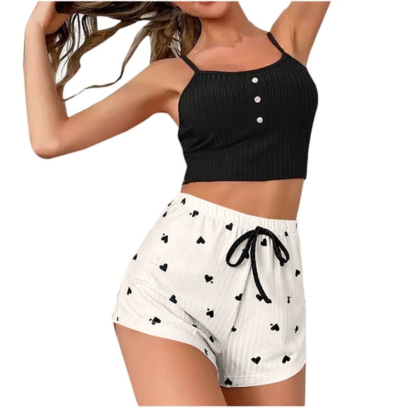 Tnhcen Women's Half Button Floral Print Cami Top Shorts Sleepwear Ribbed Pajamas Homewear Set S-XL
