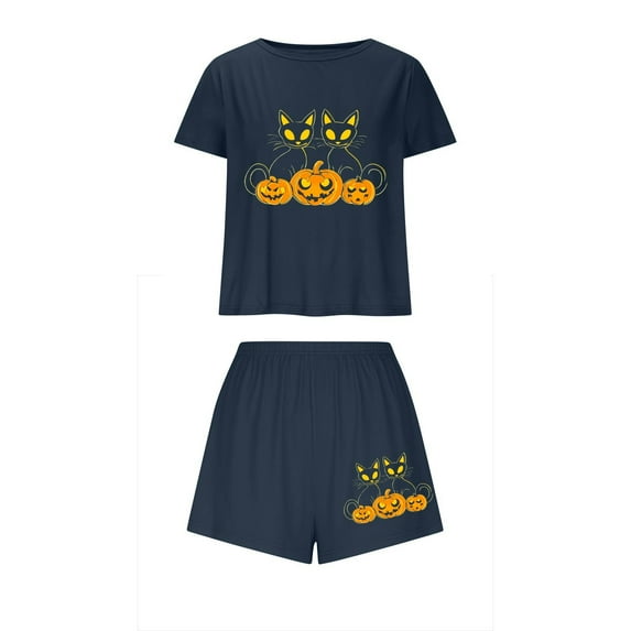Tnhcen Women's Halloween Cat & Pumpkin Milk Silk Pajama Set Loose Fit Sleepwear Comfortable Loungewear S-XL Multiple Colors Available Navy
