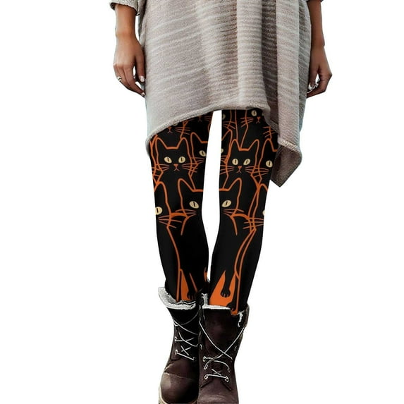 Tnhcen Women's Halloween Cute Cat Print Yoga Pants - Soft Spandex Brushed Fabric Stretchy Fit S-3XL Halloween Costume Essentials Cat Design Yoga Pants Plus Size Stretch Leggings
