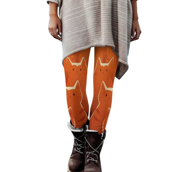 Tnhcen Women's Halloween Cute Cat Print Yoga Pants - Soft Spandex Brushed Fabric Stretchy Fit S-3XL Halloween Costume Essentials Cat Design Yoga Pants Plus Size Stretch Leggings