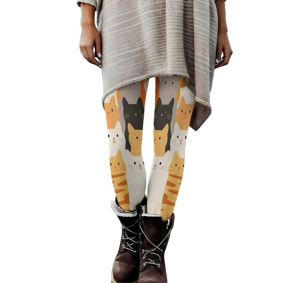 Tnhcen Women's Halloween Cute Cat Print Yoga Pants - Soft Spandex Brushed Fabric Stretchy Fit S-3XL Halloween Costume Essentials Cat Design Yoga Pants Plus Size Stretch Leggings