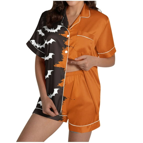 Tnhcen Women's Halloween Cute Print Pajama Set Short Sleeve Collared Button Up Shorts Sleepwear Comfortable Home Wear S-2XL Multiple Colors Available Orange