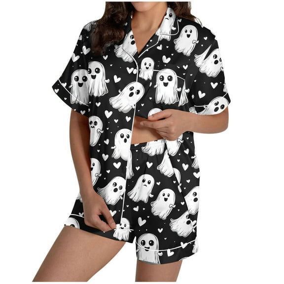 Tnhcen Women's Halloween Cute Print Pajama Set Short Sleeve Collared Button Up Shorts Sleepwear Comfortable Home Wear S-2XL Black