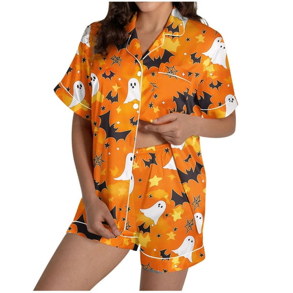 Tnhcen Women's Halloween Cute Print Pajama Set Short Sleeve Collared Button Up Shorts Sleepwear Comfortable Home Wear S-2XL Orange