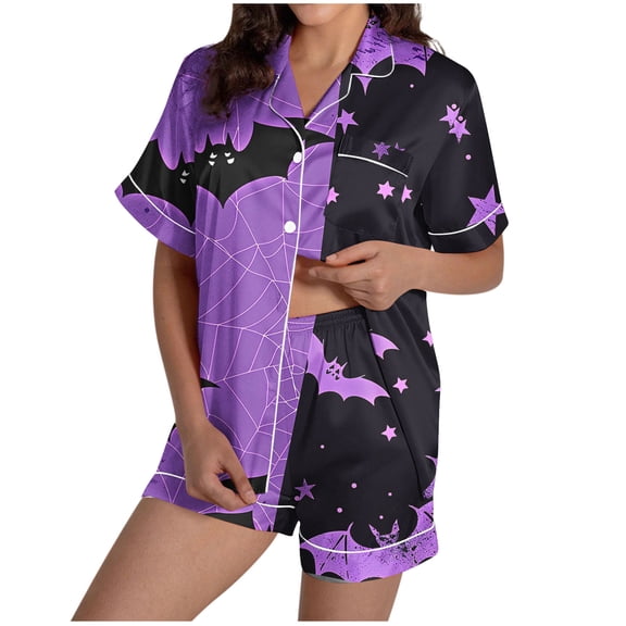 Tnhcen Women's Halloween Cute Print Pajama Set Short Sleeve Collared Button Up Shorts Sleepwear Comfortable Home Wear S-2XL Purple
