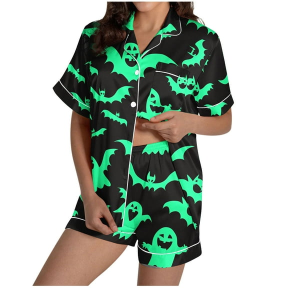 Tnhcen Women's Halloween Cute Printed Short Sleeve Collared Pajama Set Comfortable Loungewear Soft Sleepwear S-2XL Black