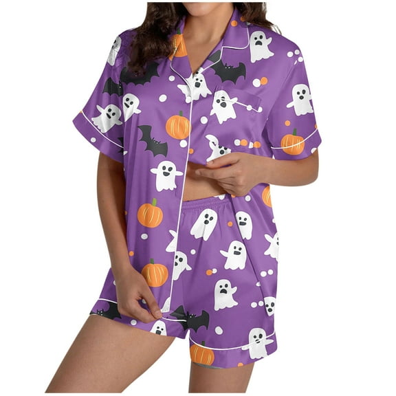 Tnhcen Women's Halloween Cute Printed Short Sleeve Collared Pajama Set Comfortable Loungewear Soft Sleepwear S-2XL Purple