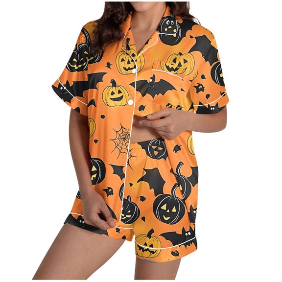 Tnhcen Women's Halloween Cute Printed Short Sleeve Collared Pajama Set Comfortable Loungewear Soft Sleepwear S-2XL Yellow