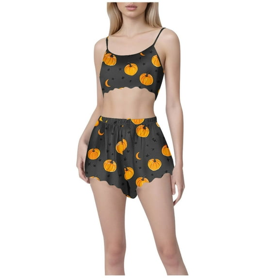 Tnhcen Women's Halloween Ghost Print Pajama Set Cami Top Elastic Waist Shorts 2-Piece Sleepwear S-2XL Multiple Colors Available Dark Gray