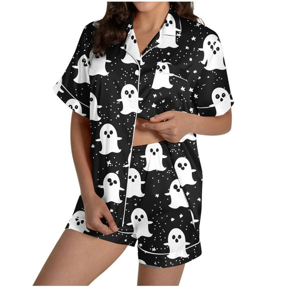 Tnhcen Women's Halloween Ghost Print Pajama Set Short Sleeve Collared Sleepwear Comfortable Loungewear S-2XL Black