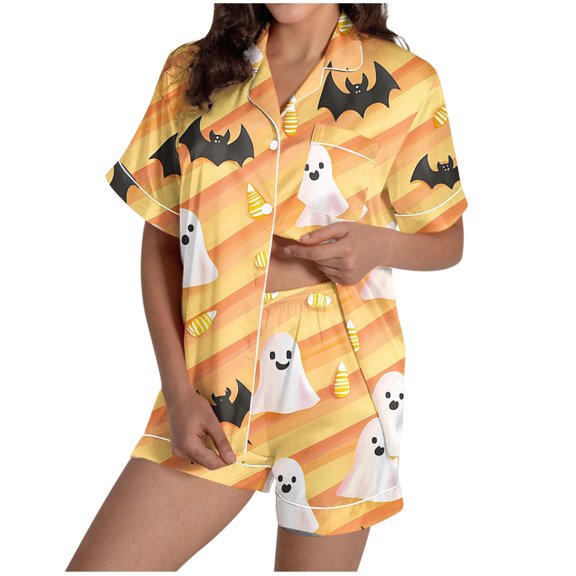 Tnhcen Women's Halloween Ghost Print Pajama Set Short Sleeve Collared Sleepwear Comfortable Loungewear S-2XL Yellow
