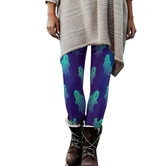 Tnhcen Women's Halloween Ghost Print Yoga Pants - Stretch Workout Leggings with Soft Milk Silk Brushed Fabric Plus Size Activewear Halloween Costume Leggings S-3XL