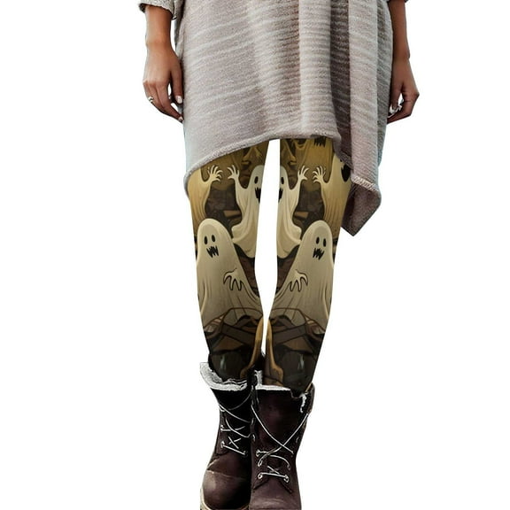 Tnhcen Women's Halloween Ghost Print Yoga Pants - Stretch Workout Leggings with Soft Milk Silk Brushed Fabric Plus Size Activewear Halloween Costume Leggings S-3XL