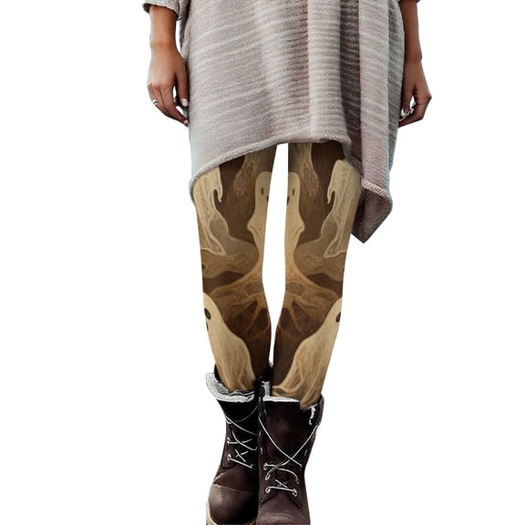 Tnhcen Women's Halloween Ghost Print Yoga Pants - Stretch Workout Leggings with Soft Milk Silk Brushed Fabric Plus Size Activewear Halloween Costume Leggings S-3XL