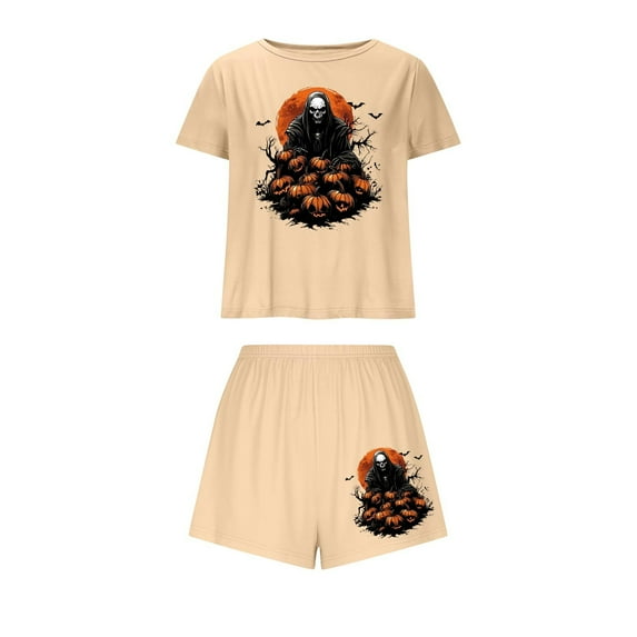 Tnhcen Women's Halloween Milk Silk Pajama Set Short Sleeve Round Neck Sporty Sleepwear Comfortable Loungewear S-XL Multiple Colors Available Beige