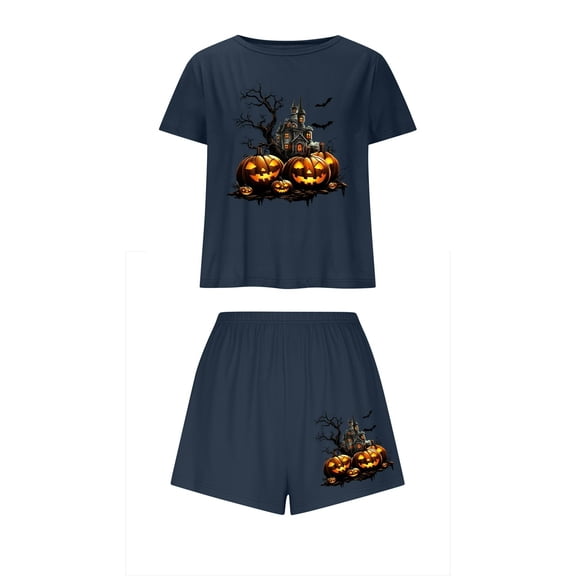 Tnhcen Women's Halloween Milk Silk Pajama Set Short Sleeve Round Neck Sporty Sleepwear Comfortable Loungewear S-XL Multiple Colors Available Navy