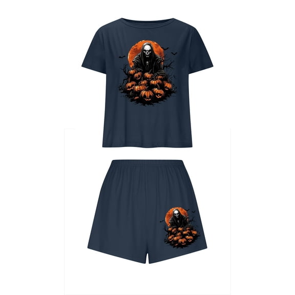 Tnhcen Women's Halloween Milk Silk Pajama Set Short Sleeve Round Neck Sporty Sleepwear Comfortable Loungewear S-XL Multiple Colors Available Navy