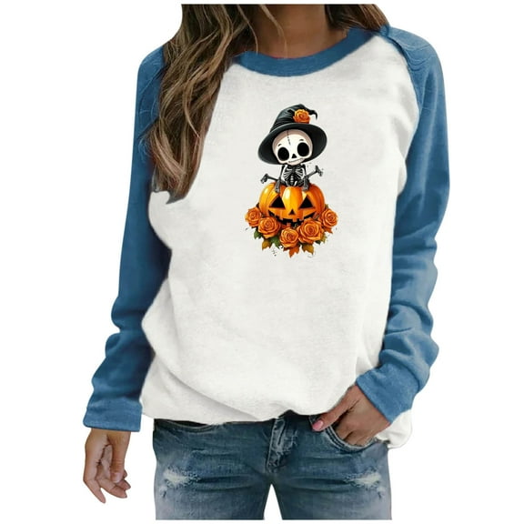 Tnhcen Women's Halloween Oversized Crewneck Sweatshirt - Plus Size Long Sleeve Spooky Print Fall Essentials Casual Home/Outdoor S-3XL