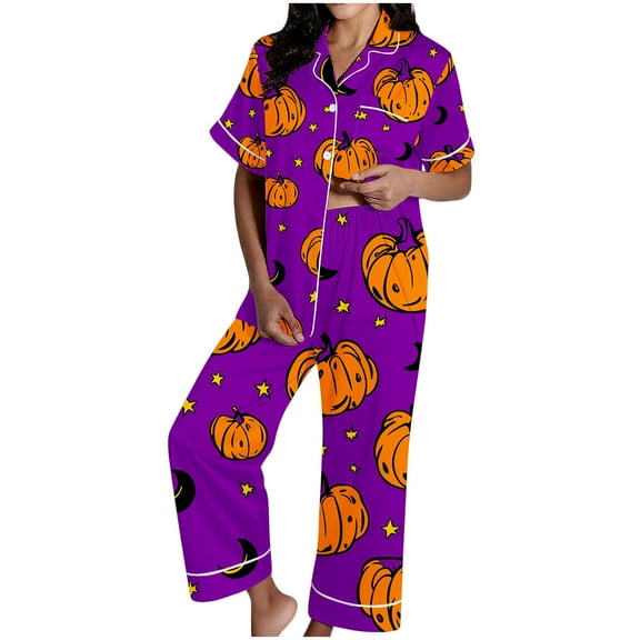 Tnhcen Women's Halloween Pajama Set 2-Piece Pumpkin Print Button Up Shirt Elastic Waist Pants Comfortable Sleepwear S-3XL Multiple Colors Available Purple