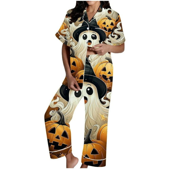 Tnhcen Women's Halloween Pajama Set Cute Pumpkin Print Short Sleeve Button Up Elastic Waist 2-Piece Comfortable Sleepwear S-3XL Multiple Colors Available Black