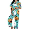 thumbnail image 1 of Tnhcen Women's Halloween Pajama Set Cute Pumpkin Print Short Sleeve Button Up Elastic Waist 2-Piece Comfortable Sleepwear S-3XL Green, 1 of 5