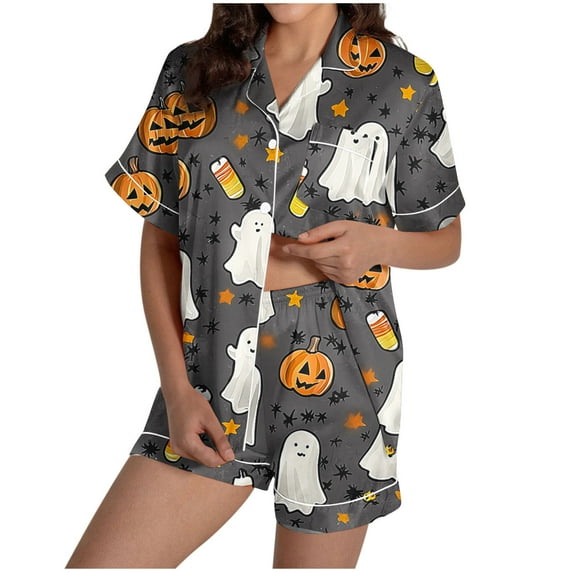 Tnhcen Women's Halloween Pajama Set Short Sleeve Collared Sleepwear Comfortable Loungewear 2-Piece Outfit S-2XL Multiple Colors Available Gray
