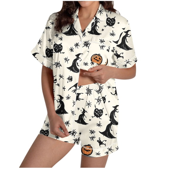 Tnhcen Women's Halloween Pajama Set Short Sleeve Collared Top Pumpkin Bat Print Sleepwear Comfortable Loungewear S-2XL Multiple Colors Available Beige
