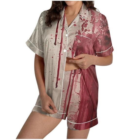 Tnhcen Women's Halloween Pajama Set Short Sleeve Collared Top Pumpkin Bat Print Sleepwear Comfortable Loungewear S-2XL Multiple Colors Available Khaki