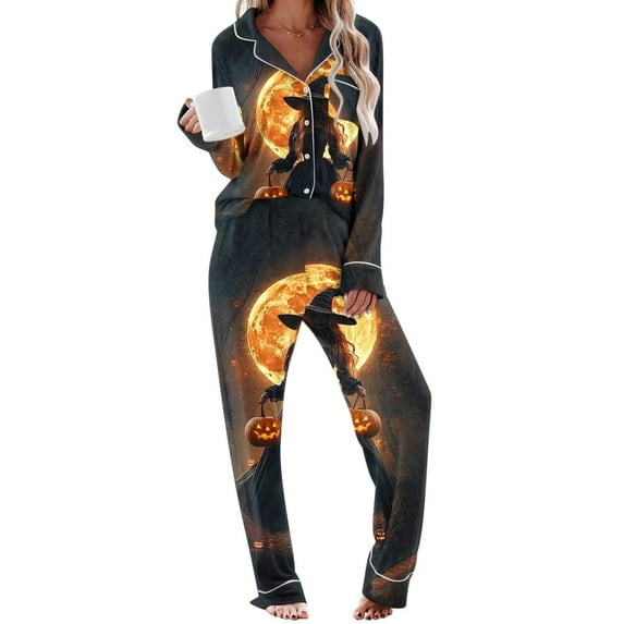 Tnhcen Women's Halloween Print Pajama Set 2-Piece with Pockets Loose Fit Sleepwear Comfortable Loungewear S-2XL Multicolor