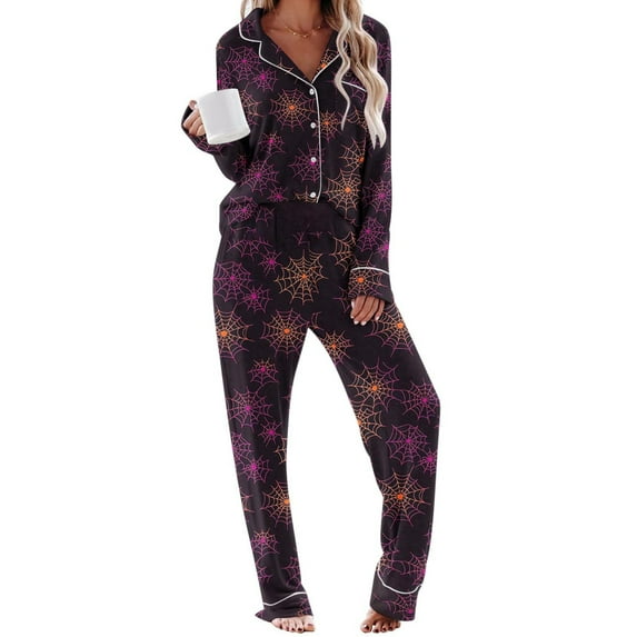 Tnhcen Women's Halloween Print Pajama Set Long Sleeve Button Up Collared Top with Pants Pocket Comfortable Sleepwear Loungewear S-2XL Multicolor