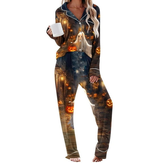Tnhcen Women's Halloween Print Pajama Set Long Sleeve Top Elastic Waist Pants with Pockets Comfortable Loungewear Sleepwear S-2XL Multicolor