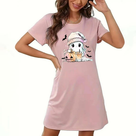 Tnhcen Women's Halloween Print Plus Size Sleepwear Dress | Soft Big & Tall Sleep Dress for Women | Cozy Home Pajama Set S-2XL