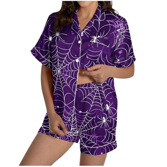 Tnhcen Women's Halloween Print Short Sleeve Collared Pajama Set Comfortable Loungewear Soft Sleepwear S-2XL Multiple Colors Available Purple