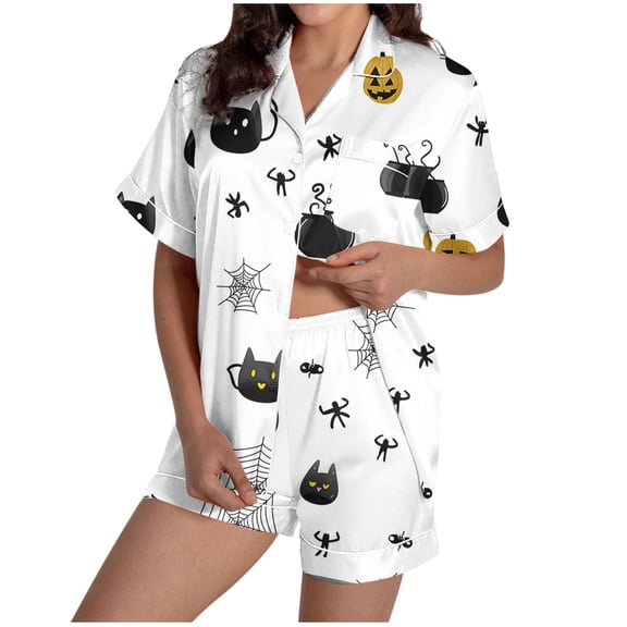 Tnhcen Women's Halloween Print Short Sleeve Collared Pajama Set Comfortable Loungewear Soft Sleepwear S-2XL Multiple Colors Available White