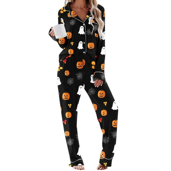 Tnhcen Women's Halloween Pumpkin Print Long Sleeve Button Down Pajama Set with Pockets Elastic Waistband Comfortable Sleepwear S-2XL Multicolor