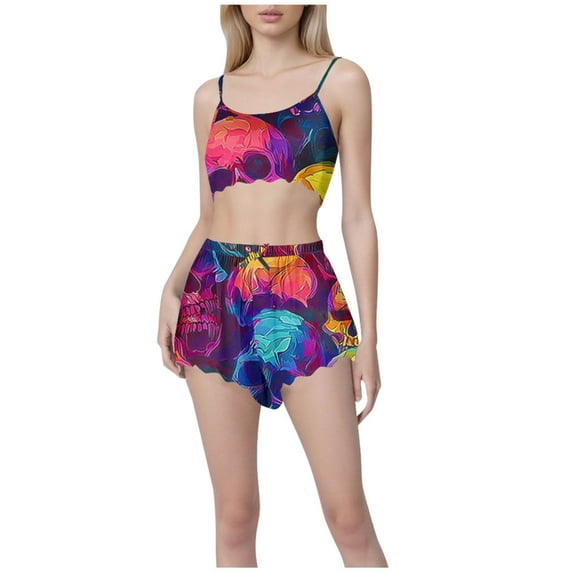 Tnhcen Women's Halloween Skeleton Print Cami Short Pajama Set Loungewear Sleepwear Comfortable Vacation Outfit S-2XL Multicolor