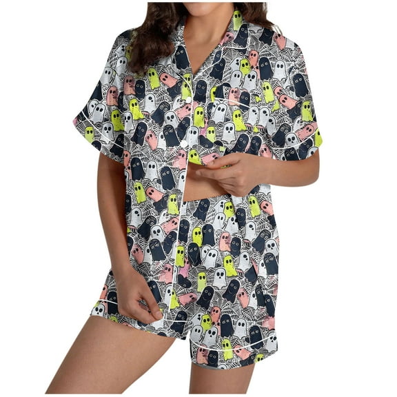 Tnhcen Women's Halloween Spider Web Pajama Set 2-Piece Collared Button Up Top Elastic Shorts Comfortable Sleepwear S-2XL Black