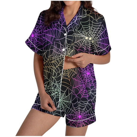 Tnhcen Women's Halloween Spider Web Pajama Set 2-Piece Collared Button Up Top Elastic Shorts Comfortable Sleepwear S-2XL Purple